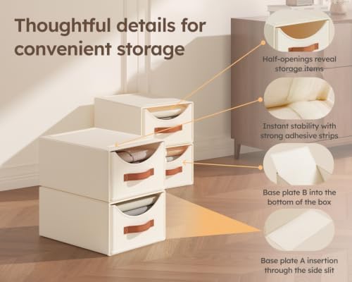 Homsorout Stackable Storage Drawers - Collapsible Storage Bins with Drawers, 4 Pack Closet Shelf Organizer Basket, Fabric Pull Out Organizer for Bedroom, Living Room, Dorm, Beige - Image 4