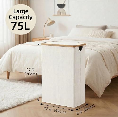 efluky Slim Laundry Hamper with Lid and Removable Bag, 75L Beige - Image 3