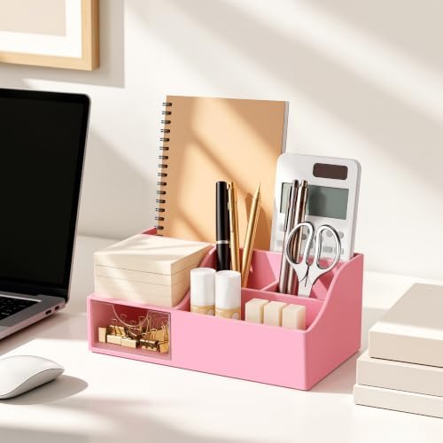 HBlife Acrylic Desk Organizer with Drawer, Pen & Pencil Holder, Multifunctional Desktop Caddy for Office Supply and Organization (Pink) - Image 4