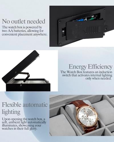 GUKA Watch Box 12 Slot Watch Display Organizer Leather Jewelry Case Drawer Glass Birthday for Men Women, Child Husband Dad GK-012BKGREY-LED-24 - Image 4