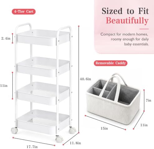 Baby Diaper Caddy 4 Tier Rolling Storage Cart with Wheels for Baby Bedside - Image 3