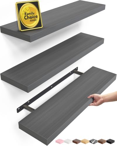 BAYKA Grey Floating Shelves 22.5in, Set of 3, Wall Mount Rustic Wood Shelf by Bayka