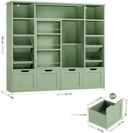 FINETONES Toy Storage with Sliding Bookshelf, Toy Organizer with 4 Bins - Image 3