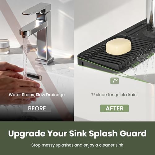 2PCS 24 Inch Faucet Mat for Kitchen Sink, Silicone Splash Guard for Kitchen Sink Area, 7° Slope Fast Self-Draining Sink Mat, Cuttable Hole Design, Sink Backsplash Guard Draining Mat, Black - Image 3