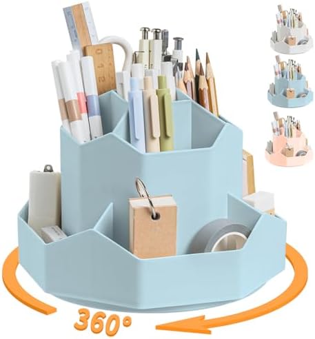 Cayxenful Pencil Pen Holder for Desk,9 Slots 360 Degree Rotating Desk Organizers,Desktop Storage Stationery Supplies Organizer, Cute Pencil Cup Pot For Office, School, Home(Blue) by Cayxenful