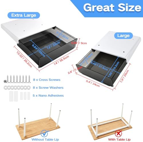 OSPNIEEK Self-adhesive Under Desk Drawer Organizer, 2 Pack Table Hidden Slide Out Large Storage Mounted Desktop Pencil Holder Tray Drawers for Office Home School Stationery Kitchen (XL+L, Black) - Image 4