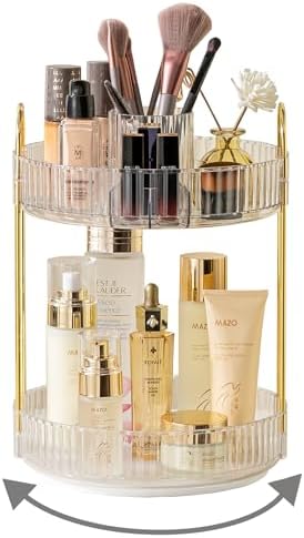 Asayuee 360 Rotating Makeup Organizer,2 Tier Large Capacity Make Up Organizers and Storage,Skincare Perfume Vanity Organizers,Bathroom Cosmetics Storage Organizer Countertop(Clear) by Asayuee