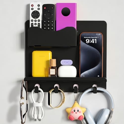 Bedside Shelf Wall Mount, Adhesive Bedside Shelf Accessories Organizer with Hooks and Cable Clips,Dorm Bedside Wall Storage for Phone, Remote, Earphone,Plastic (Black) by Unknown
