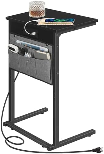 HOOBRO C Shaped End Table with Charging Station, Slide Under Couch Table by HOOBRO