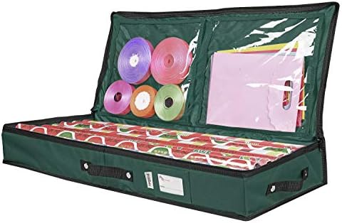 Wrapping Paper Storage Container | Under Bed Gift Wrap Organizer for 30 Inch Rolls | 31”x13.5”x4.5” | 600D Oxford Material | Box Holder with Pockets for Ribbon, Bows, and Accessories (Green) by Primode