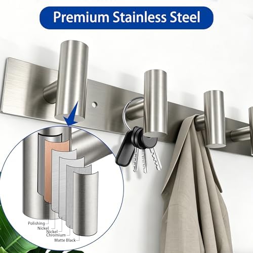 Brushed Nickel Coat Rack Wall Mount - 5 Hooks, Heavy Duty Stainless Steel Wall Hooks for Towels, Coats, Robes, Bags, Hats, Keys, Wall Coat Hanger for Bathroom, Entryway, Kitchen, Hotel, Bedroom,Office - Image 4