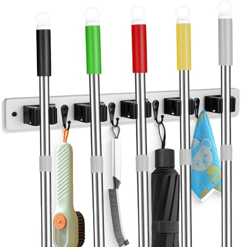 2 Pack Broom Holder Wall Mount With 5 Slots & 4 Hooks，Rustic Wood Broom & Mop Hanger，Wall Mounted Garden & Garage Tool Storage Organizer Rack for Closet Laundry Room or Kitchen Wall Decor White - Image 2