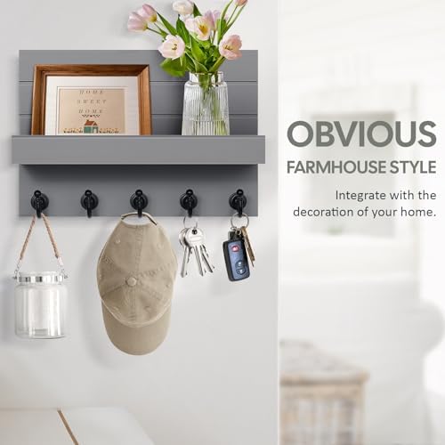 HONJIN Key and Mail Holder for Wall: Rustic Key Hanger Key Rack Organizer with 5 Sturdy Key Hooks for Entryway Bedroom Kitchen House Decor (Grey) - Image 4