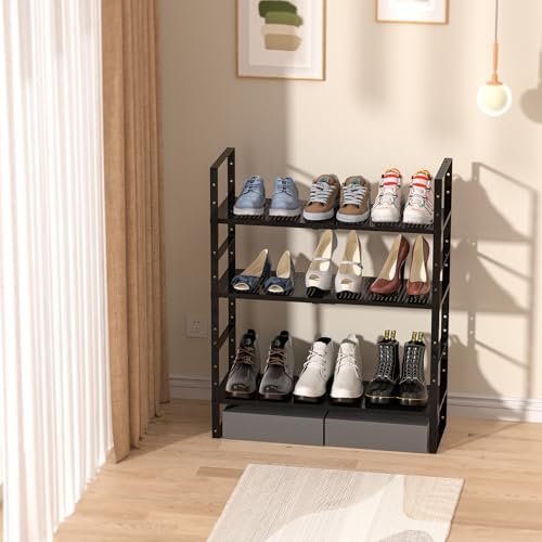 Multi-Functional Metal Shoe Rack,Expandable Adjustable Stackable Kitchen Organizer,Metal Shelf risers for cabinets, Kitchens and Closet, Bathroom(3Packs/Black/Large) - Image 5
