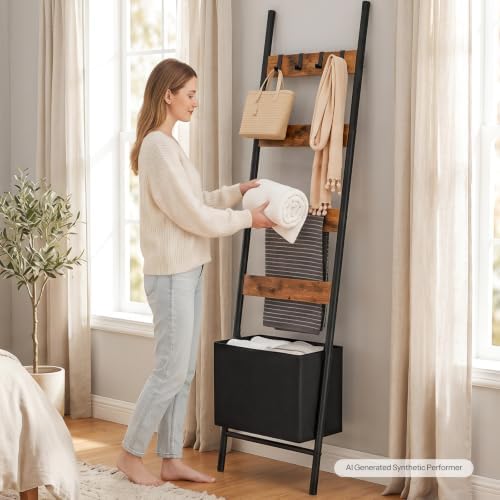 HOOBRO Blanket Ladder with Basket, 17.3" L x 74" H, Towel Rack with Hooks, Blanket Holder Rack, Decorative Ladder Shelf, Drying and Display Rack for Bathroom, Living Room, Rustic Brown BF111CJ01 - Image 2