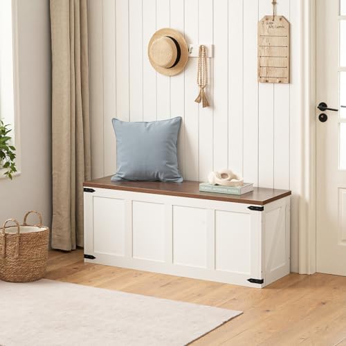 HOOBRO 47.2”Storage Bench Large, Toy Box with 2 Safety Hinges, Farmhouse Wooden Storage Chest, Easy Assembly for Bedroom, Living Room, Entryway, White and Walnut WH520CW01 - Image 4