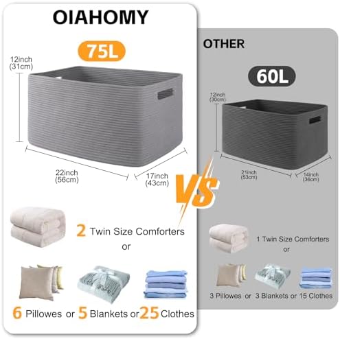 OIAHOMY 75L Large Blanket Basket Woven Storage Basket with Handle Grey - Image 3