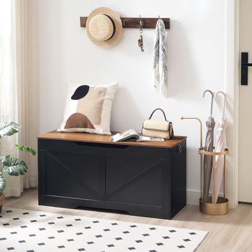 HOOBRO Storage Bench, 39.4" Retro Wooden Storage Chest with U-Shaped Cut-Out Pull, Safety Hinge, Supports 330 lb and Easy Assembly for Toy Box Organizer (Black and Walnut) BH771CW01G1 - Image 5