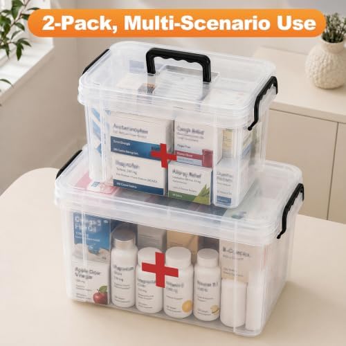 2 Pack Clear Medicine Organizer Box with Handle, Plastic Medicine Container with Tray Empty First Aid Box Empty, Thickened Medicine Storage Organizer Multipurpose Medication Organizer Storage, Clear - Image 6