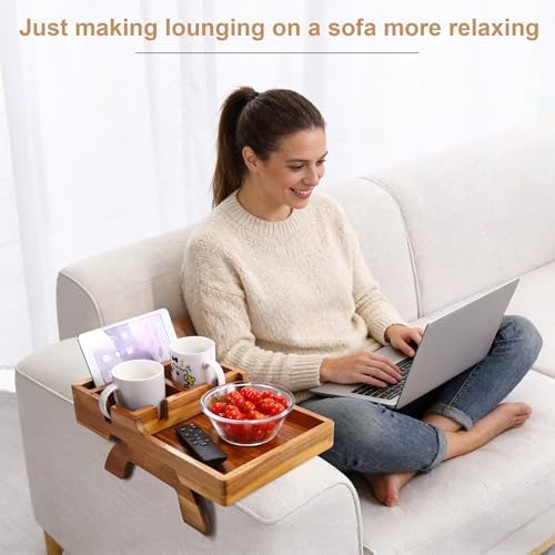 Acacia Wood Couch Armrest Table with 2 Cup Holders & Remote Slot 15.4"x9.8" - Image 3