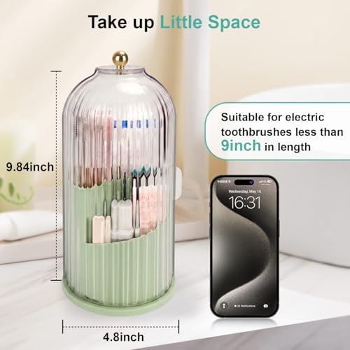 QIYVLOS Toothbrush Holders with Sliding Lid, Rotating 3 Slots Bathroom Organizer Countertop, Tooth Brush Toothpaste Holder Bathroom Counter Stand Sink Organizer Caddy for Makeup Brushes Holder (Green) - Image 6