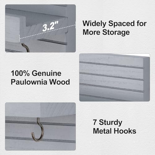 Lwenki Decorative Key Holder for Wall with Shelf, Entryway Shelf with Hooks Holds Leashes, Jackets and Glasses – Sturdy Wood Keyholder Entrance Hanger with Mounting Hardware (Gray, Large) - Image 2