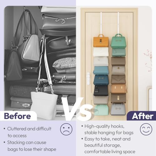 SWTYMIKI Over the Door Purse Organizer - 2 Packs Wall Mounted Purse Rack with 8 Hooks Design, Hanging Handbag Organizer Storage Holds up to 16 Bags, Bag Rack for Closet, Door (White) - Image 2