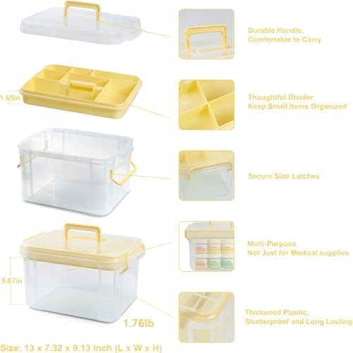 2-Tier Medicine Organizer - Plastic Portable Storage Box with Handle Yellow - Image 3