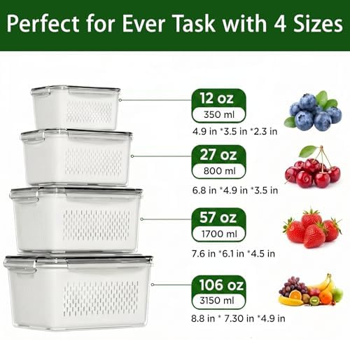 4 Pack Fruit Storage Containers for Fridge with Removable Colanders，4 in 1 Produce Storage Containers with Lids, Leakproof Fridge Organizer Bins for Salad Berry Lettuce Vegetables Meat Keeper Fresh - Image 3