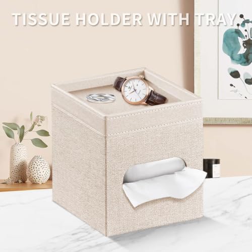 PU Leather Square Tissue Box Cover with Storage Tray,Modern Decorative Tissue Holder for Bathroom Vanity Night Stands, Office Desk,Stylish Tissue Holder for Home & Office Décor - Image 2