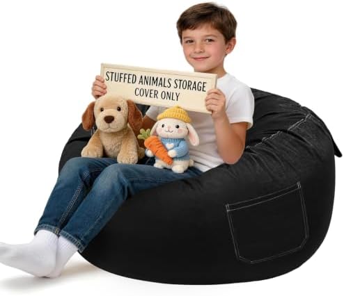 Lukeight Stuffed Animals Storage Bean Bag Chair Cover for Kids, Cozy Velvet Plush Toy Organizer Seat, Cover Only, No Filling Included, Long YKK Zipper, Side Pocket, X-Large 30 x 18 in by Lukeight