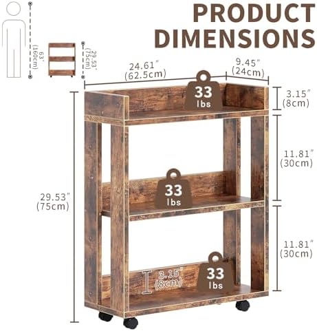 ALISENED 3-Tier Small Bookshelf with Wheels, Bedside Cart Library Cart - Image 3