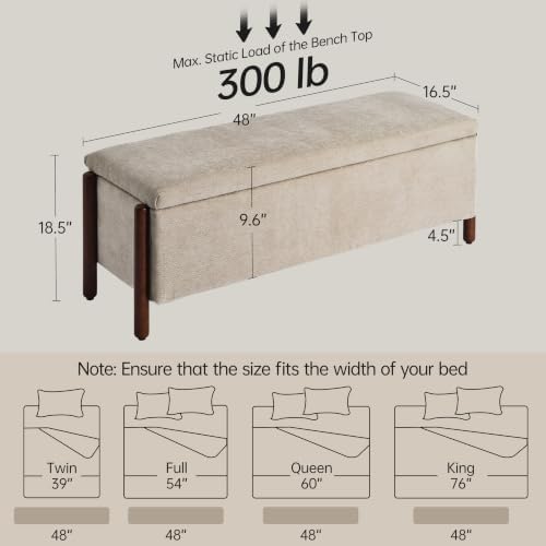 Usaint 47" Fabric Upholstered End of Bed Storage Ottoman Bench, Khaki - Image 2