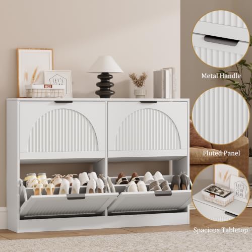 Fluted Shoe Storage Cabinet for Entryway, 4 Flip Drawers, White - Image 5