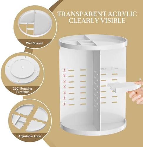 Makeup Organizer 360 rotating, Adjustable Skincare Organizers with Brush Holder, Cosmetics Display Cases for Vanity Bathroom Countertop Large Capacity Carousel Make up Caddy Shelf (White) - Image 4