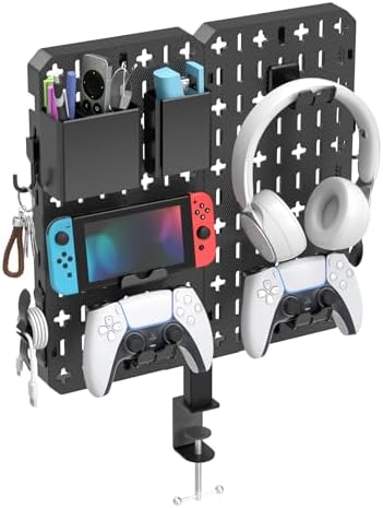 KDD 7 in 1 Clamp-on Desk Pegboard - No Drill Desk Side Storage with Phone Stand/Pen Holder/Storage Box/Headset & Controller Holder/Hooks, Detachable Gaming Pegboard for Office & Home Desktop Organizer by KDD