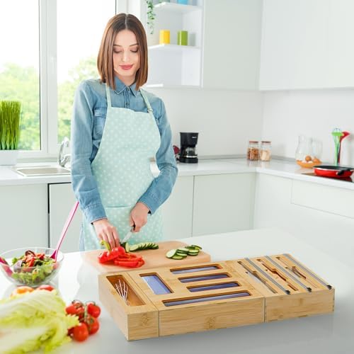 DALSHABET 9-in-1 Bamboo Kitchen Drawer Organizer for Storage Bags and Wrap - Image 6