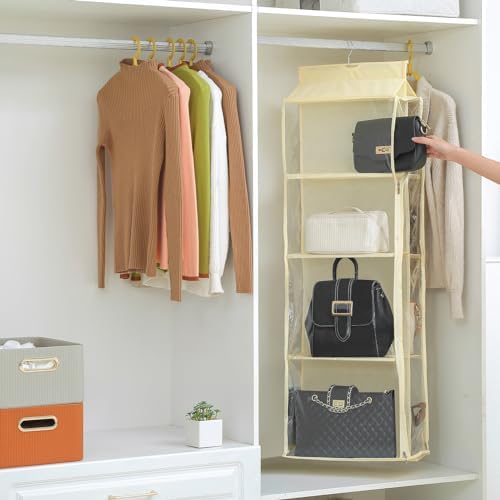 8 Grids in 1 Pack Hanging Purse Handbag Organizer with Double Zippers, Visible Purse Organizer for Closet, Fully Enclosed Purse Storage Holder-Beige - Image 2