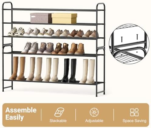 KEETDY 3-Tier Long Shoe Rack for Closet Metal Shoe Organizer for Entryway, Wide Stackable Shoe Storage Shelf with Sturdy Wire Grid for Closet Floor, Bedroom, Black - Image 5