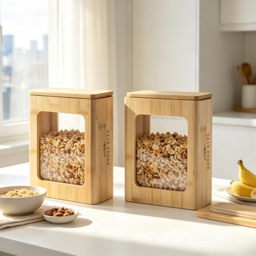 Bamboo Kitchen Cereal Containers Storage Dispenser, Airtight Pantry Organizers with Lid, Kitchen Home Organization for Cereal, Rice, Flour, Snack, Candy Storage with Spoon Sponge Cleaning Brush - Image 5