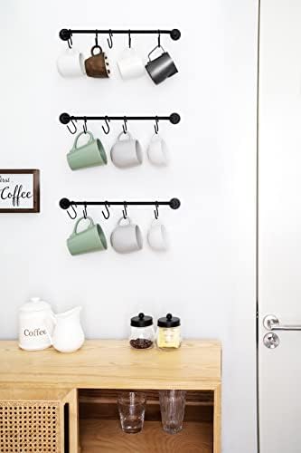 Mkono Mug Holder Wall Mounted Coffee Cup Rack Hanger Modern Metal Wall Rack with 15 Mug Hooks Rustic Utensil Tea Cups Storage Organizer for Kitchen Dining Room Coffee Bar, Set of 3, Black - Image 2