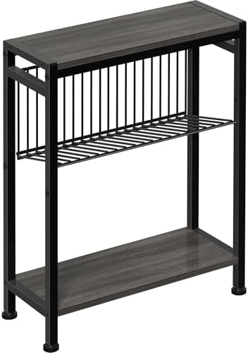 End Table for Small Space, 3-Tier Narrow Side Table with Magazine Holder,Slim Nightstand, Skinny Snack Couch Table in Living Room, Bedroom Study and Balcony (Grey) by HOME