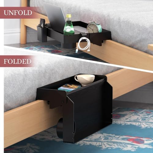 COLMO Folding Bedside Shelf with Cupholder, Clip-On Bedside Table, Black - Image 4
