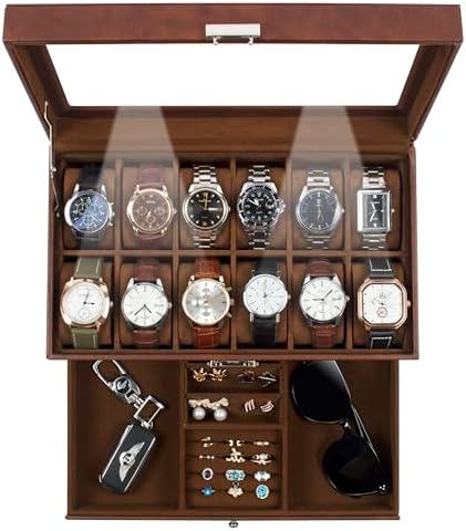 GUKA Watch Box 12 Slot Watch Display Organizer Leather Jewelry Case Drawer Glass Birthday for Men Women, Child Husband Dad GK-012-BROWN-LED-24 by GUKA