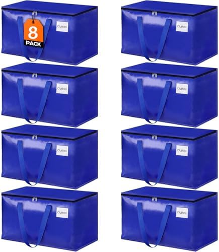 HomeHacks Moving Bags, 8-Pack Heavy Duty with Strong Zippers and Handles Collapsible Moving Supplies, Storage Totes for Packing & Moving Storing 93L-8 Pack (Blue) by HomeHacks