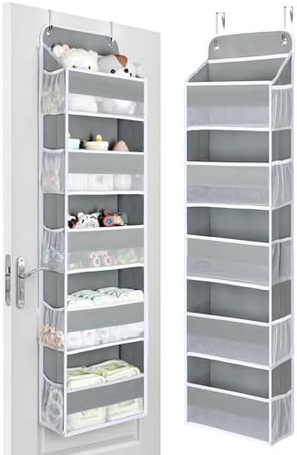 Yecaye 1 Pc Over the Door Organizer with 5 Bins 10 Side Pockets, 44lbs Load Hanging Bathroom and Bedroom Organizer, behind the Door Hanging Organizers for Nursery Newborn Baby Essential Stuff Grey by Yecaye