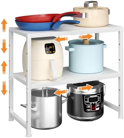 2-Tier Expandable Kitchen Storage Shelf,150LBS Heavy Duty Metal Shelving Units For Small Appliance,Adjustable Pots and Pans Organizer Rack Shelves For Kitchen Counter Under Cabinet Garage Pantry,White by Cidaziya