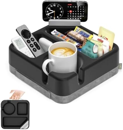 Couch Cup Holder Tray Couch Cup Holder Pillow Soft Sofa Caddy Drink Holder with 3 Compartments &Removable 360°Swivel Phone Stand, Portable Bed Snack Caddy Pillow with Handle for Tablet Controller Grey by CLESOO