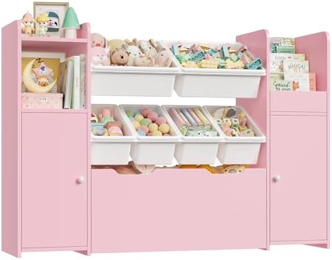 2 Pcs 55''W Storage Cabinet with Large Chest, Montessori Bookshelf, Pink - Image 7