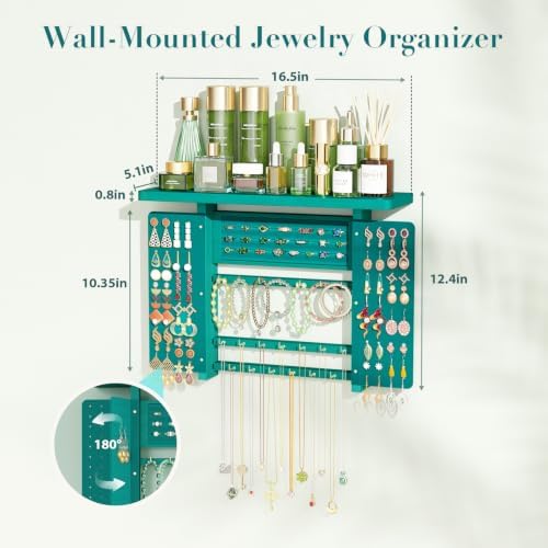 Emfogo Jewelry Organizer Hanging Wall Mounted Jewelry Holder, 5-in-1 Large Capacity Necklace Organizer Wall Hanging Jewelry Display for Ring, Necklaces, Bracelets, Earrings (Green) - Image 7